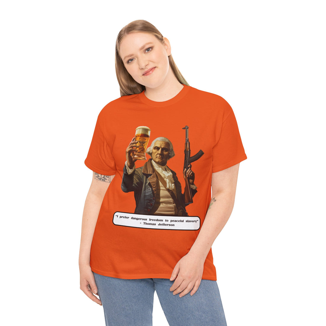 Jefferson quote on front 2 - Citizens in Arms - Unisex Heavy Cotton Tee - "I prefer dangerous freedom to peaceful slavery" - Thomas Jefferson