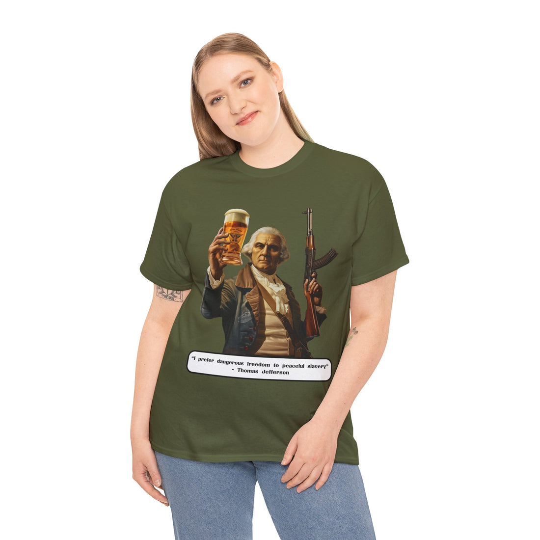 Jefferson quote on front 2 - Citizens in Arms - Unisex Heavy Cotton Tee - "I prefer dangerous freedom to peaceful slavery" - Thomas Jefferson