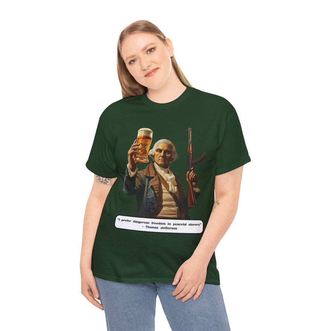 Jefferson quote on front 2 - Citizens in Arms - Unisex Heavy Cotton Tee - "I prefer dangerous freedom to peaceful slavery" - Thomas Jefferson