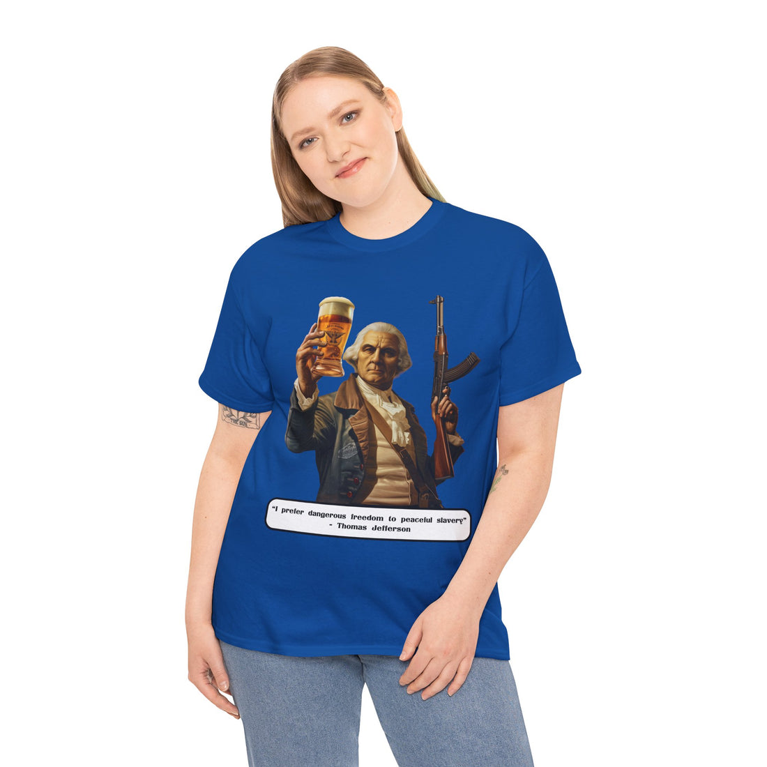 Jefferson quote on front 2 - Citizens in Arms - Unisex Heavy Cotton Tee - "I prefer dangerous freedom to peaceful slavery" - Thomas Jefferson