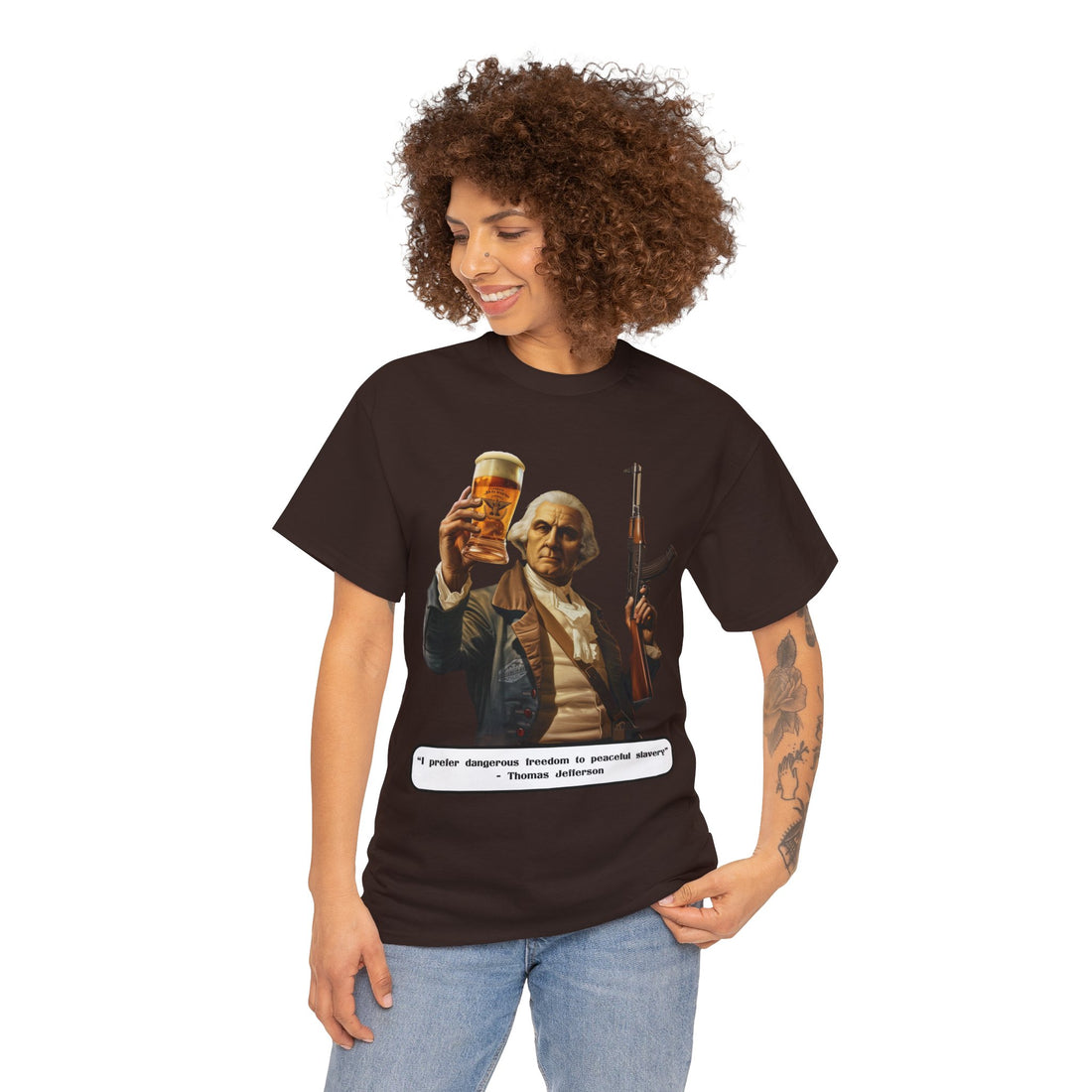 Jefferson quote on front 2 - Citizens in Arms - Unisex Heavy Cotton Tee - "I prefer dangerous freedom to peaceful slavery" - Thomas Jefferson