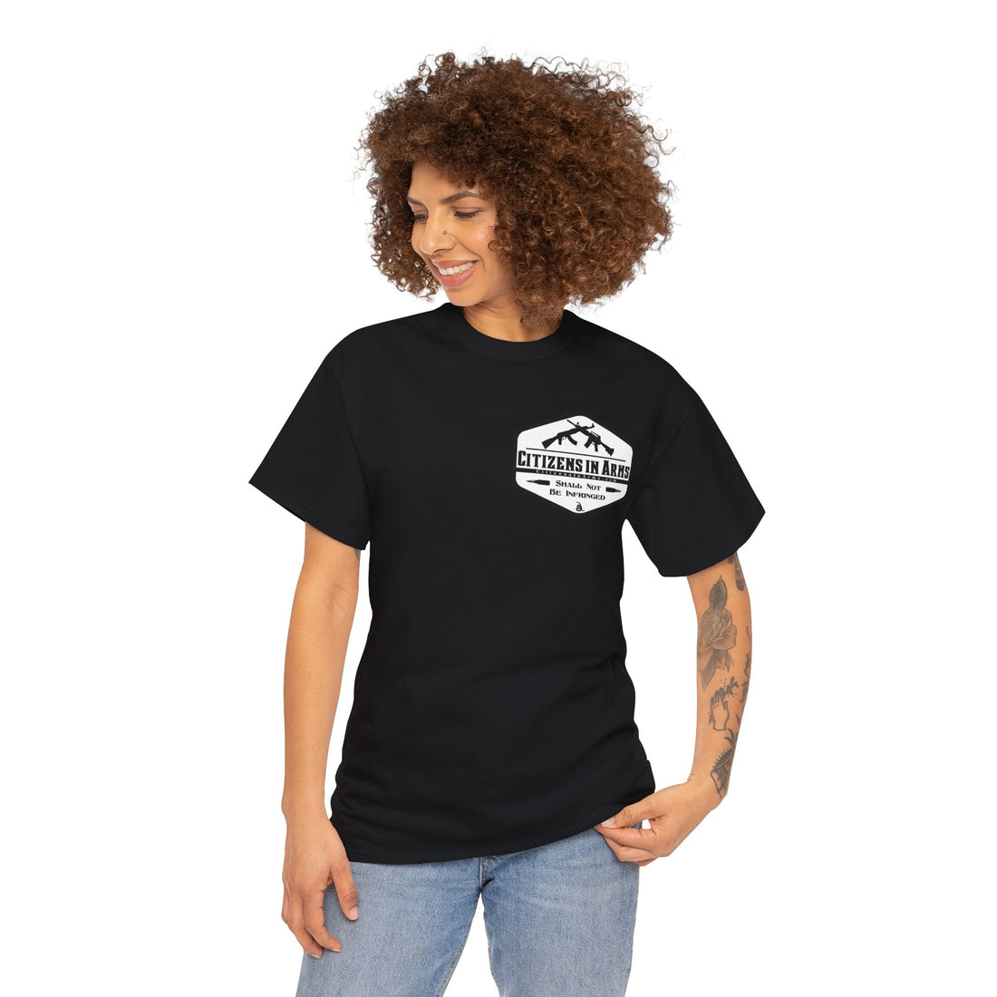 "Those who would give up essential liberty, to purchase a little temporary safety, deserve neither liberty nor safety." - Benjamin Franklin - quote on back - Citizens in Arms - Unisex Heavy Cotton Tee -