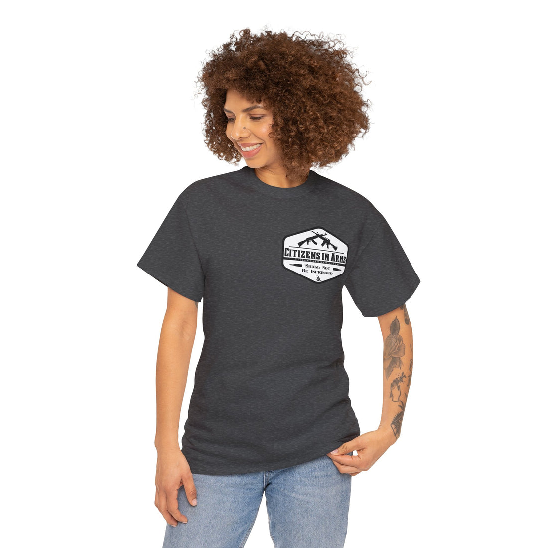 "Those who would give up essential liberty, to purchase a little temporary safety, deserve neither liberty nor safety." - Benjamin Franklin - quote on back - Citizens in Arms - Unisex Heavy Cotton Tee -