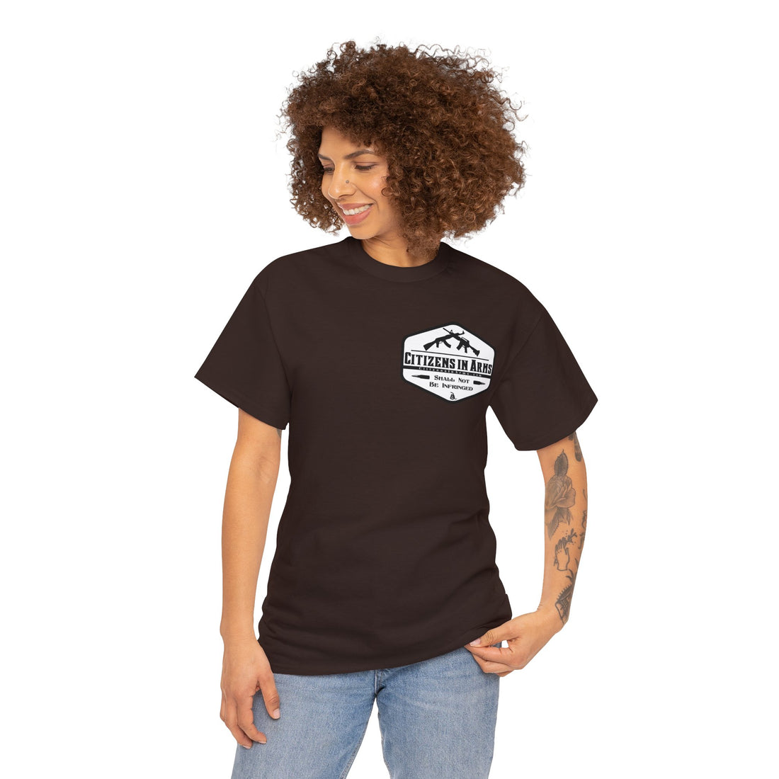 "Those who would give up essential liberty, to purchase a little temporary safety, deserve neither liberty nor safety." - Benjamin Franklin - quote on back - Citizens in Arms - Unisex Heavy Cotton Tee -